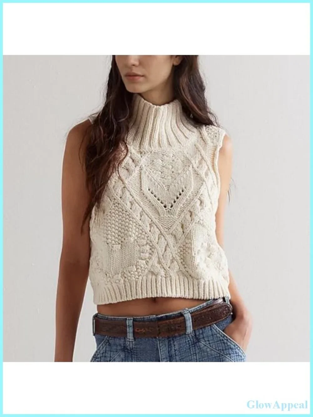 Crochet Sleeveless Turtleneck Sweater Vest Cotton Knit Relaxed Fit
